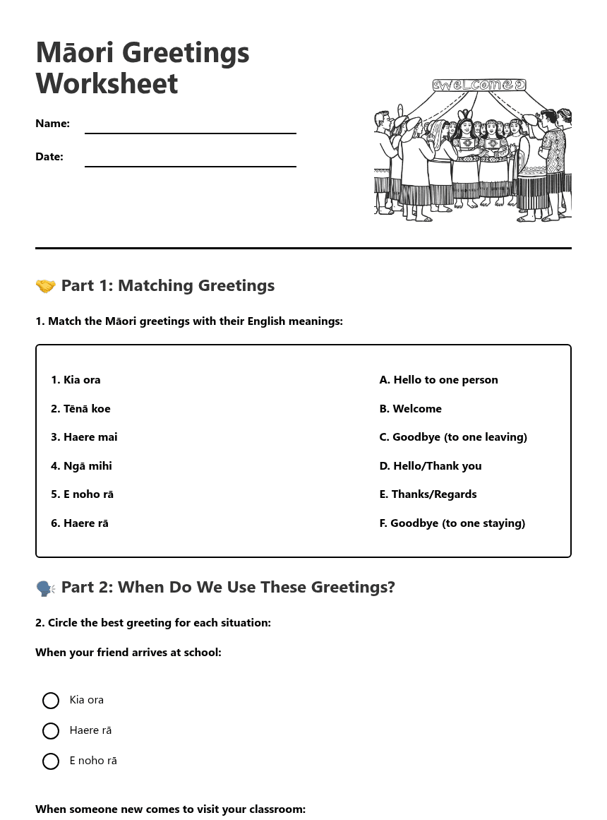 Māori Greetings Worksheet worksheet preview