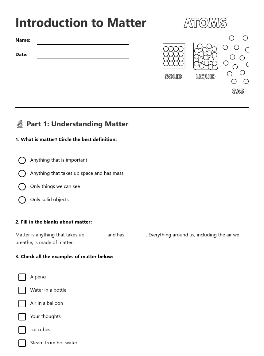 Introduction to Matter worksheet preview