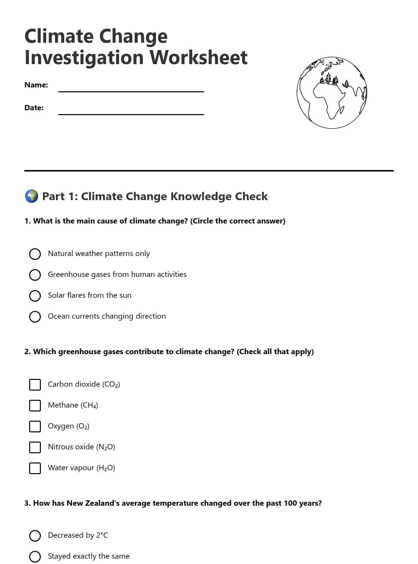 Climate Change Investigation Worksheet worksheet preview