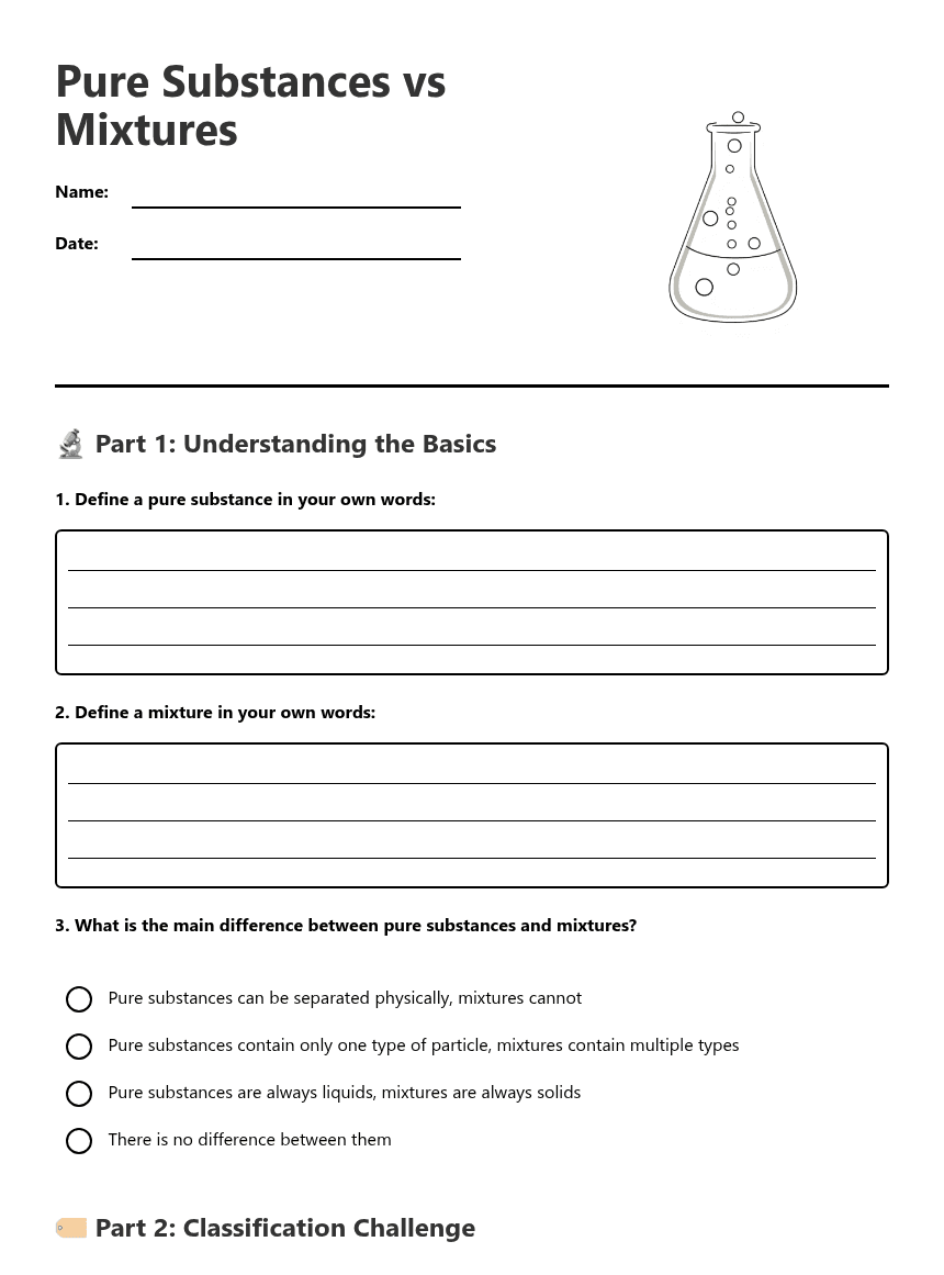 Pure Substances vs Mixtures worksheet preview