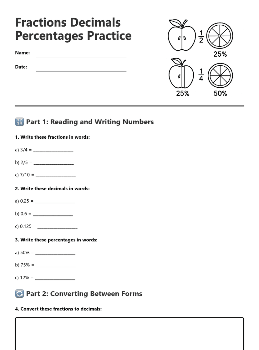 Fractions Decimals Percentages Practice