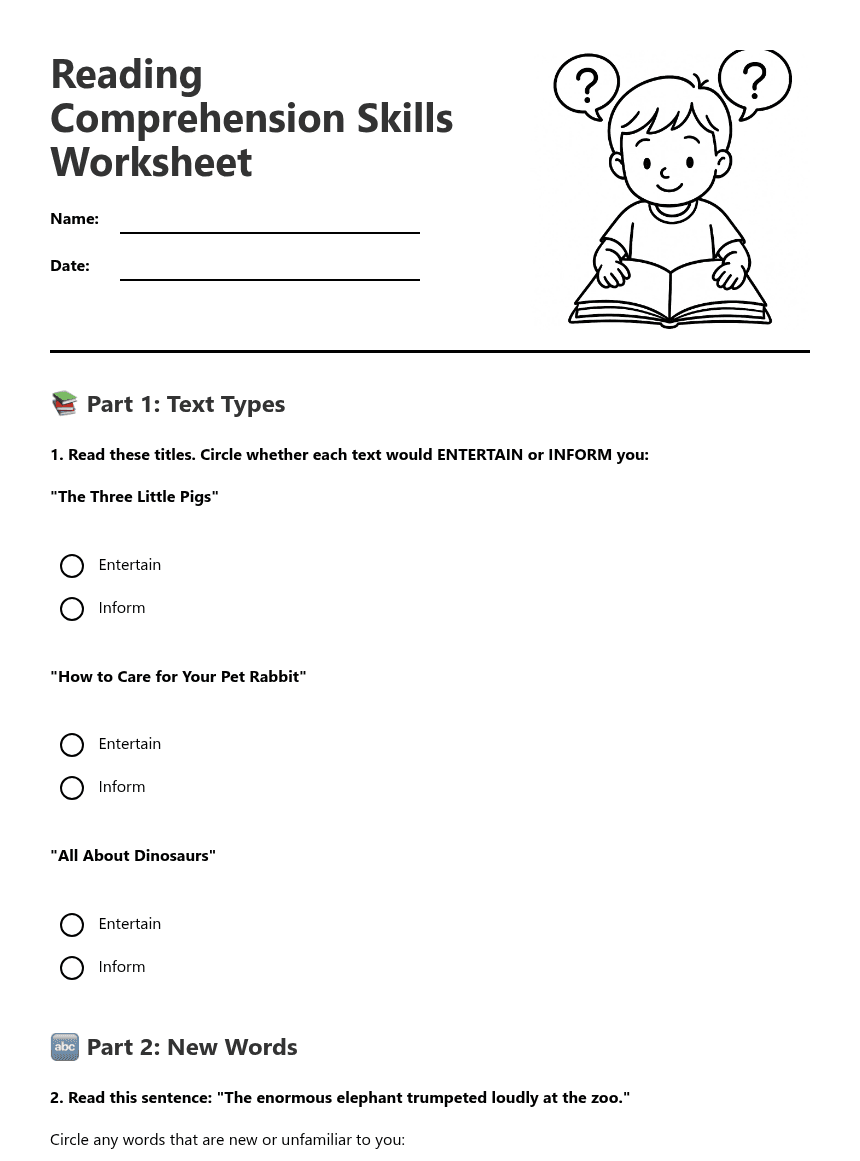 Reading Comprehension Skills Worksheet worksheet preview