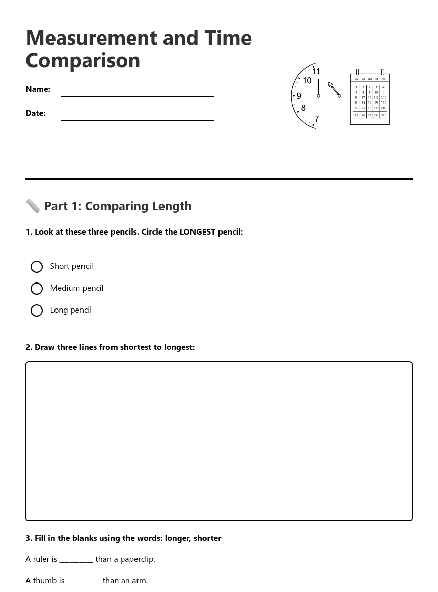 Measurement and Time Comparison worksheet preview