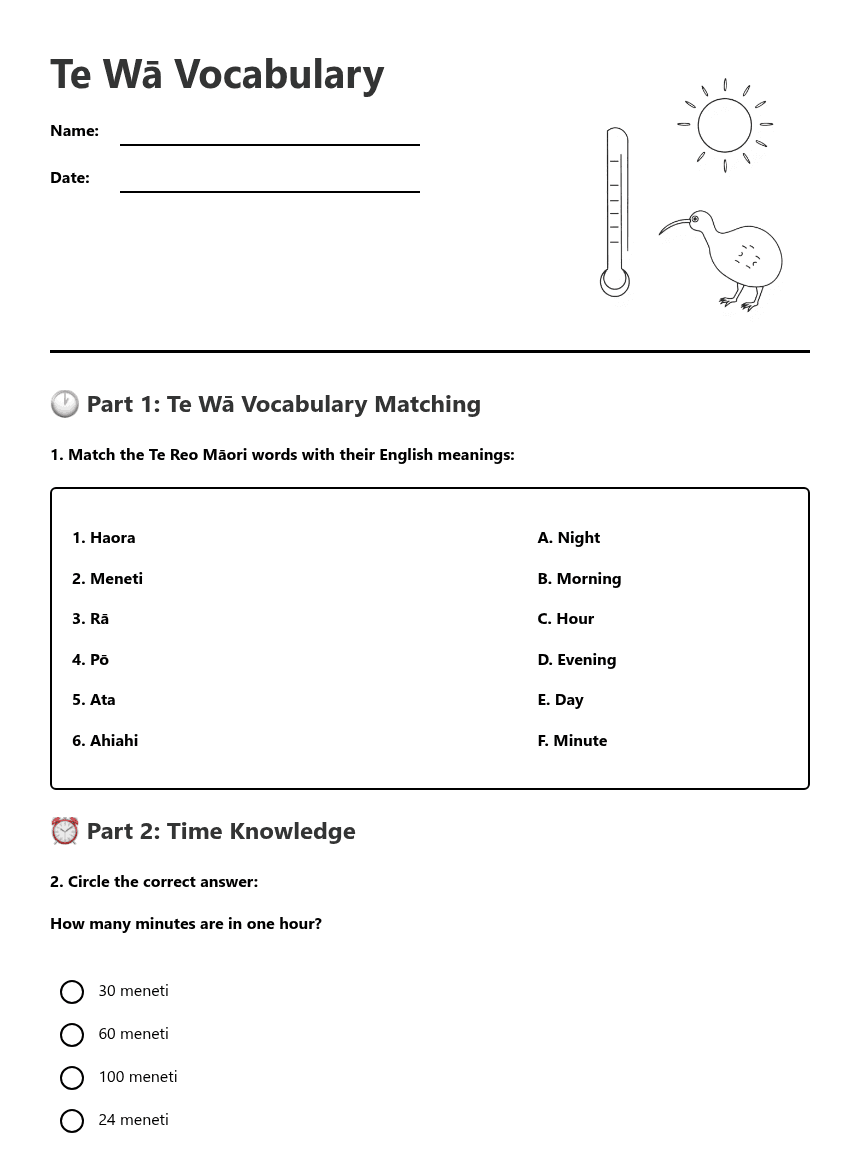 Te Wā Vocabulary worksheet preview