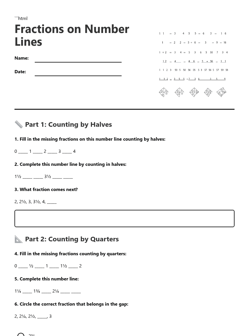 Fractions on Number Lines worksheet preview