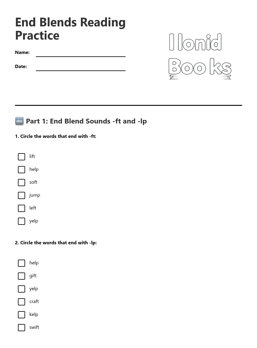 End Blends Reading Practice worksheet preview
