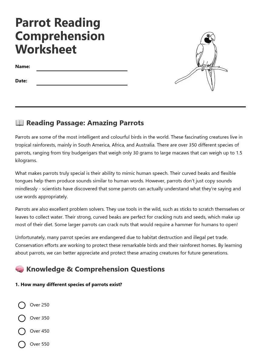 Parrot Reading Comprehension Worksheet worksheet preview