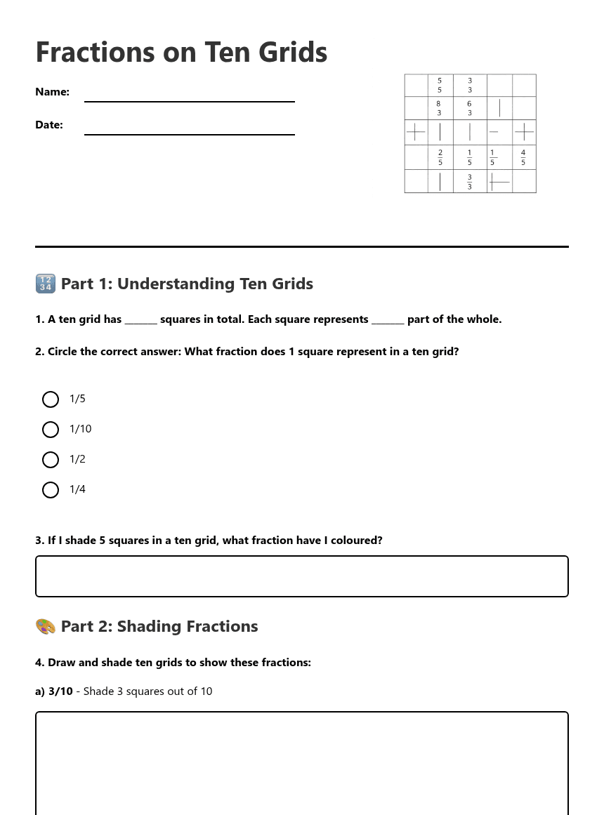 Fractions on Ten Grids worksheet preview