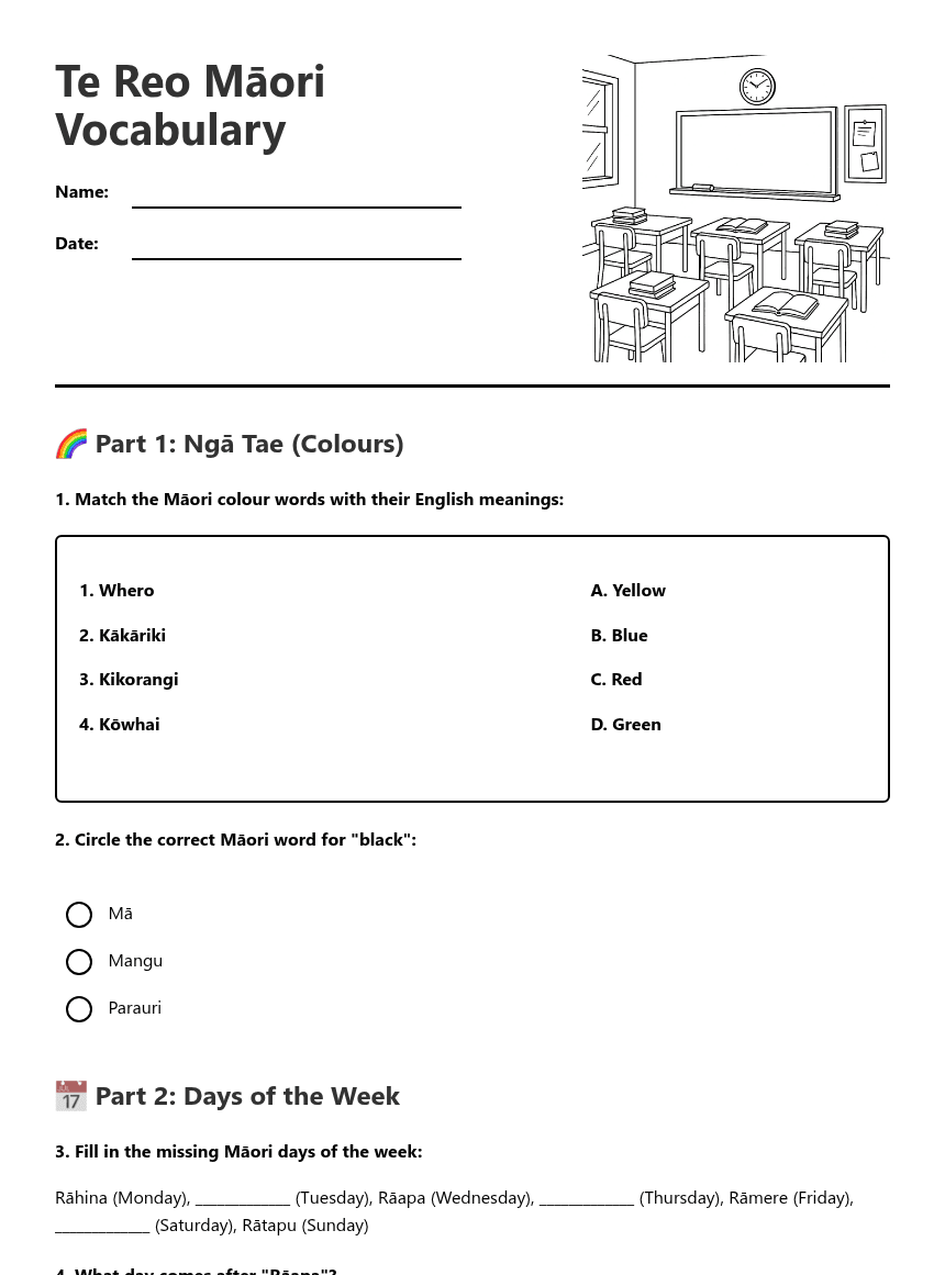 Te Reo Māori Vocabulary worksheet preview