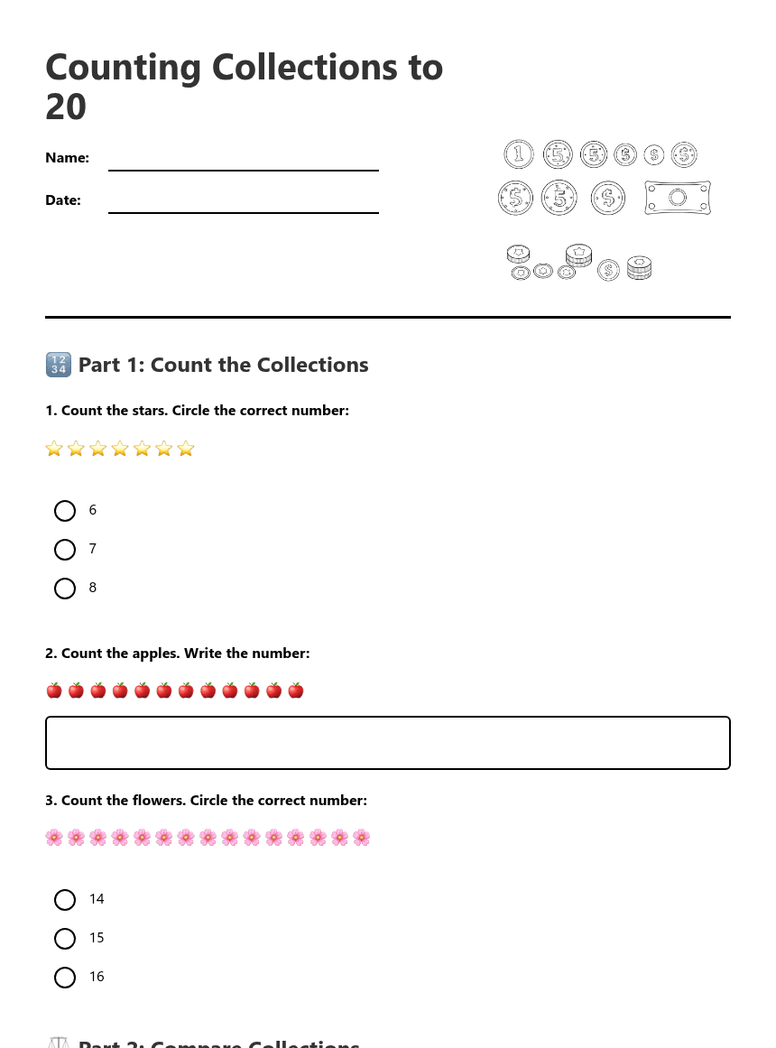 Counting Collections to 20 worksheet preview