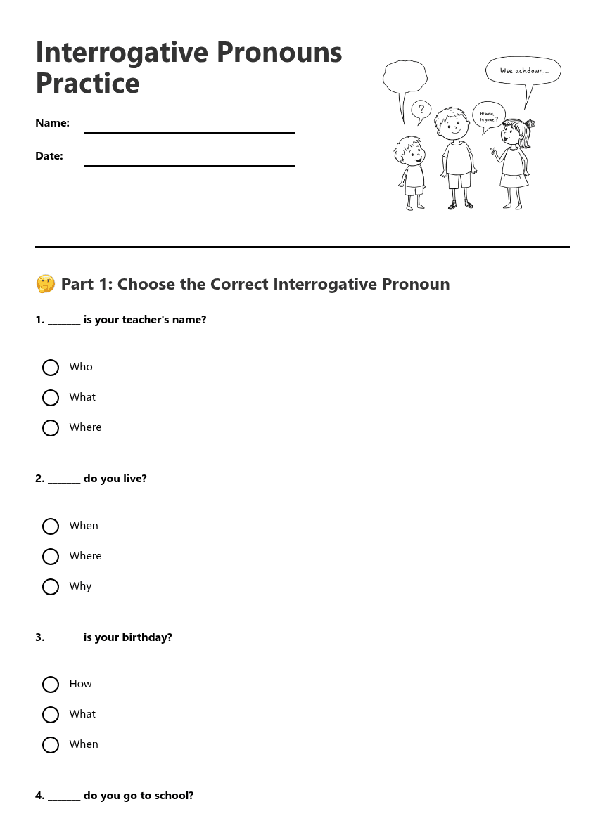 Interrogative Pronouns Practice worksheet preview