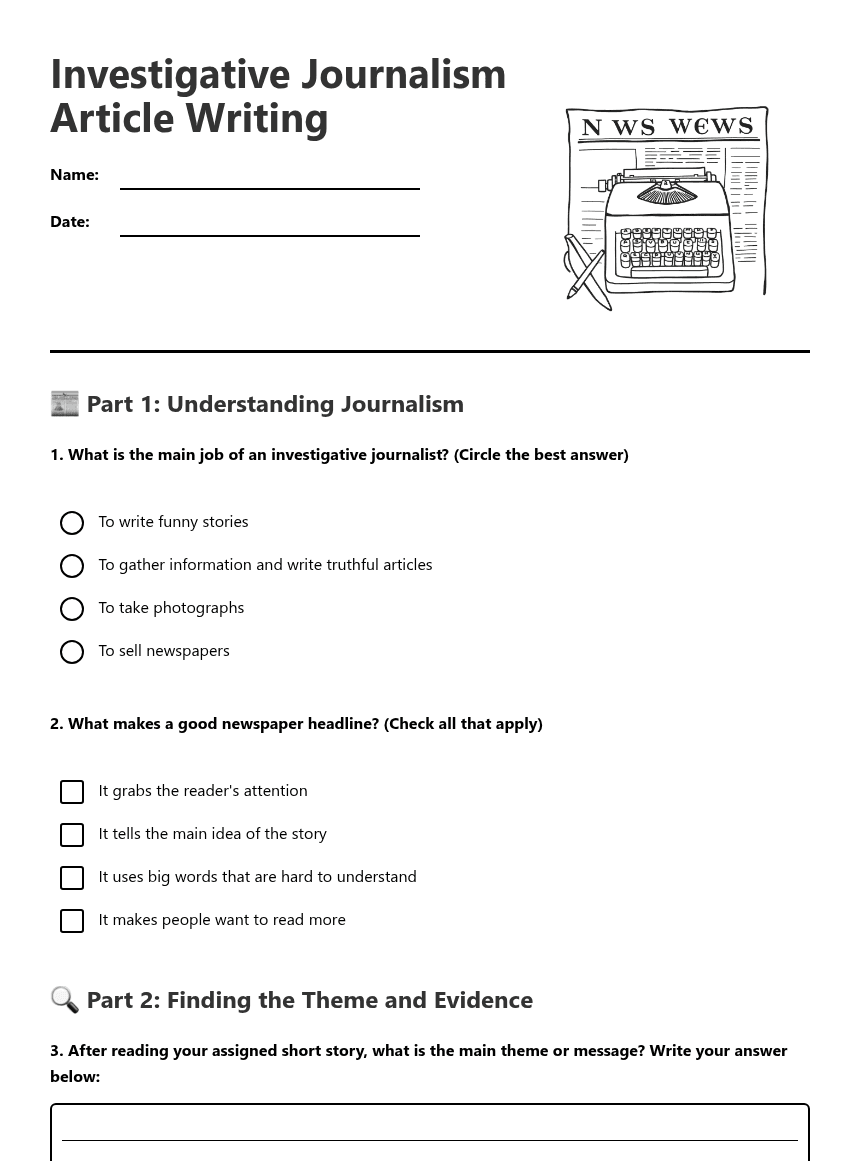 Investigative Journalism Article Writing worksheet preview