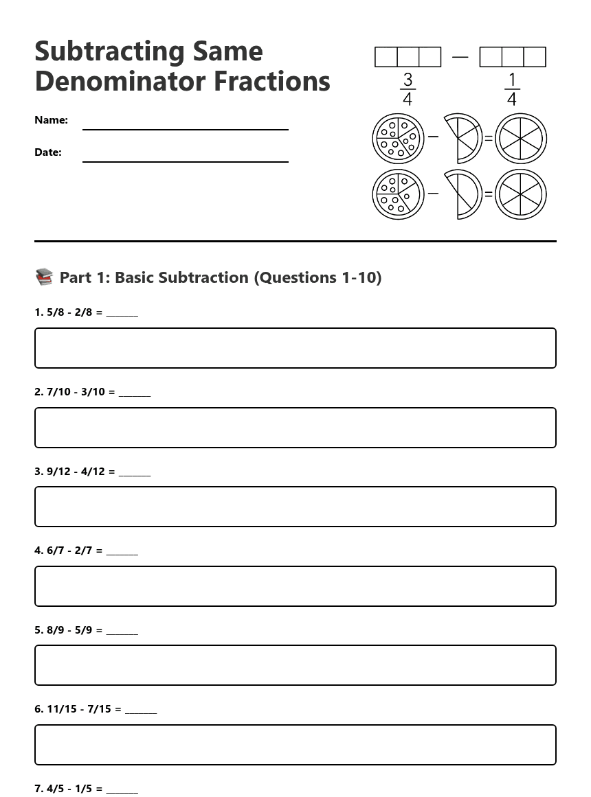 Subtracting Same Denominator Fractions worksheet preview