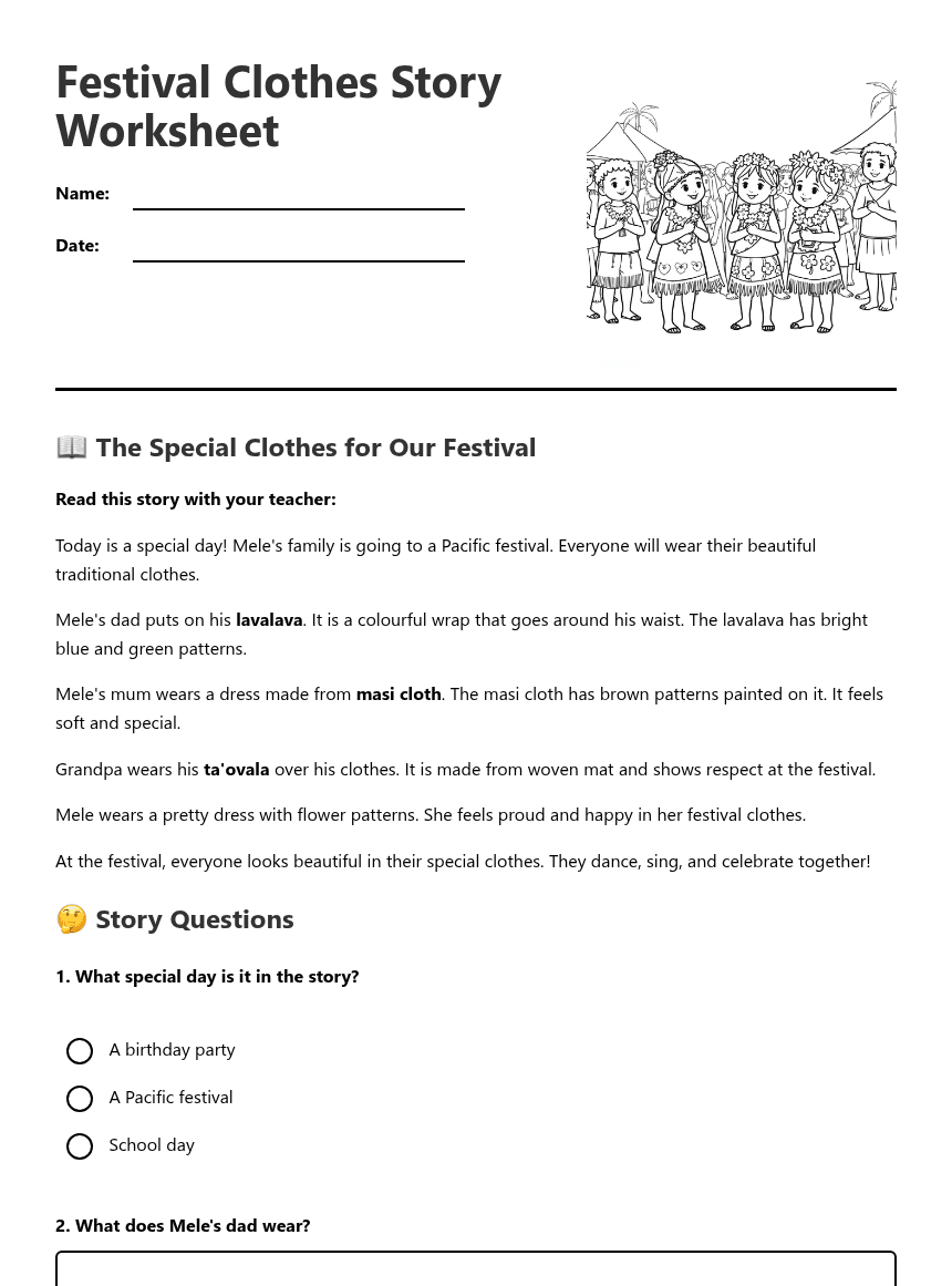 Festival Clothes Story Worksheet worksheet preview