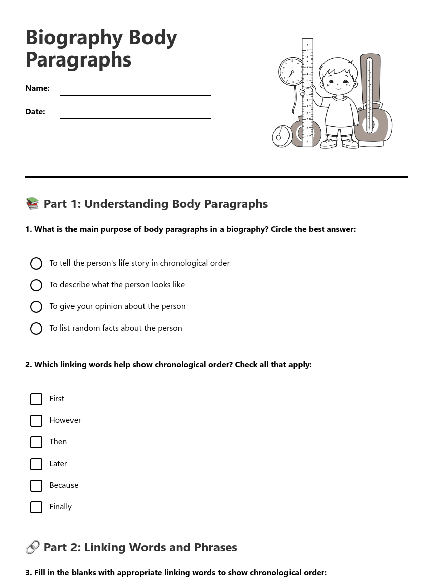 Biography Body Paragraphs worksheet preview