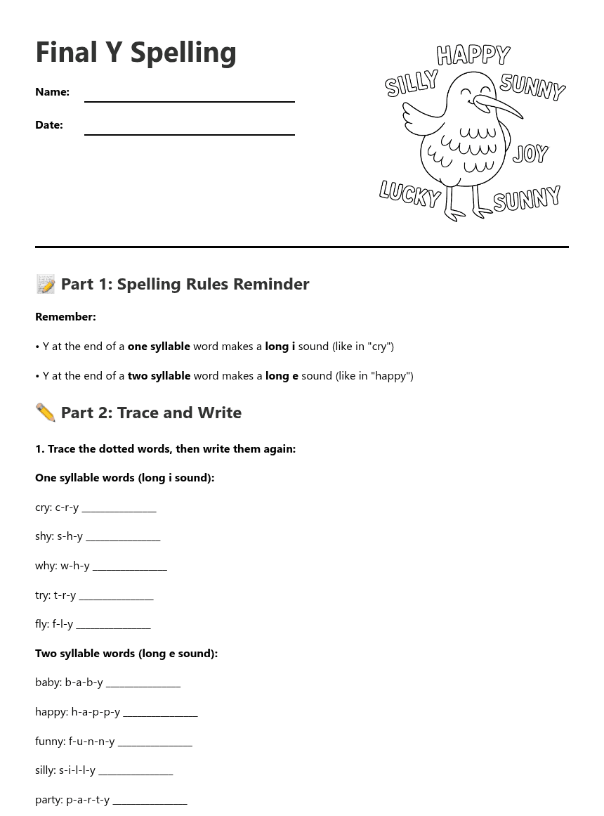 Final Y Spelling worksheet preview