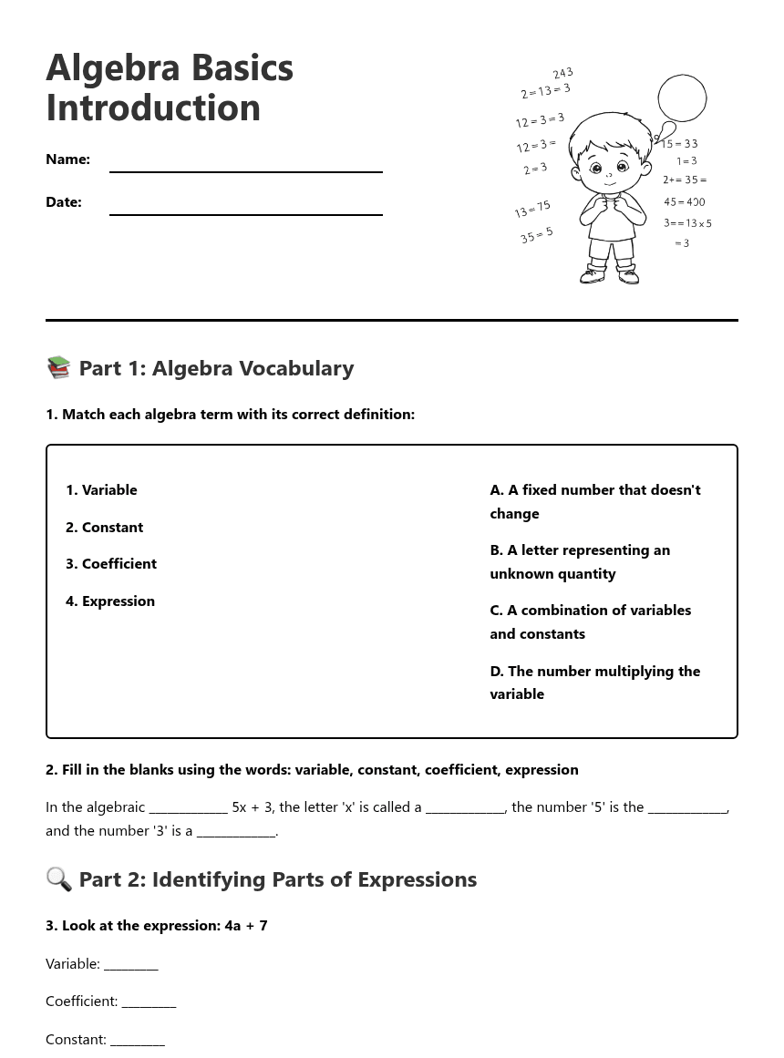 Algebra Basics Introduction worksheet preview