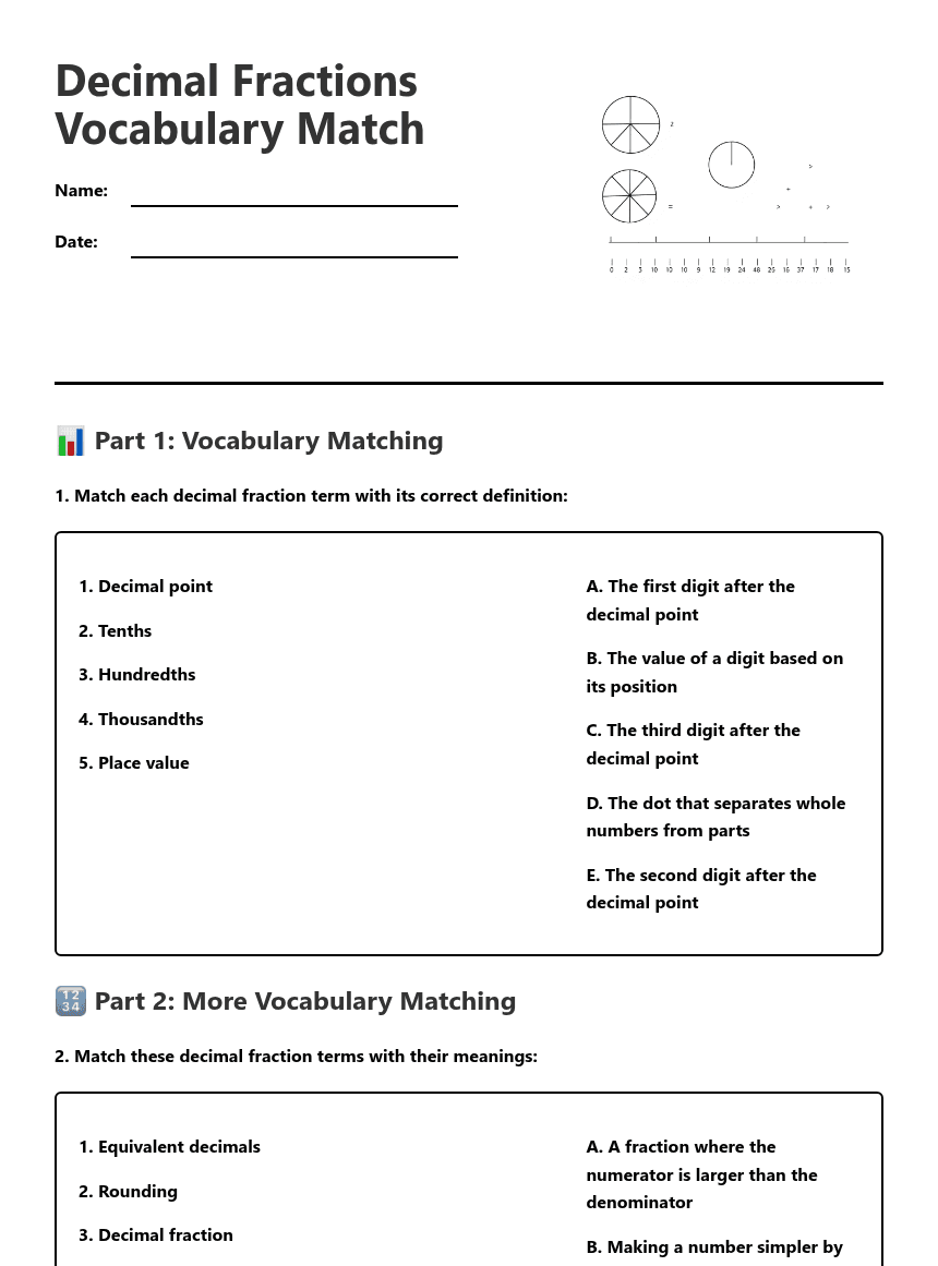 Decimal Fractions Vocabulary Match worksheet preview