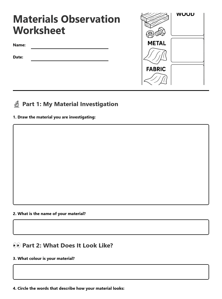 Materials Observation Worksheet worksheet preview
