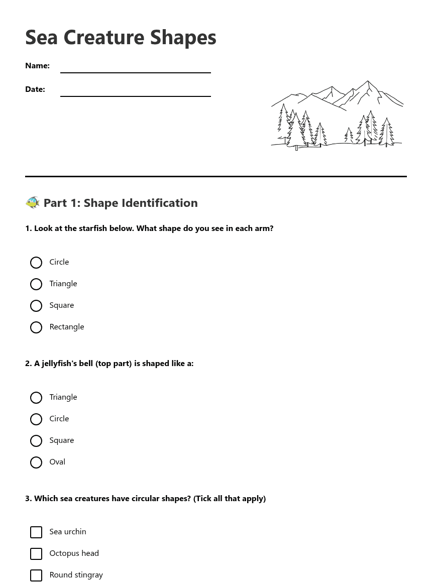 Sea Creature Shapes worksheet preview