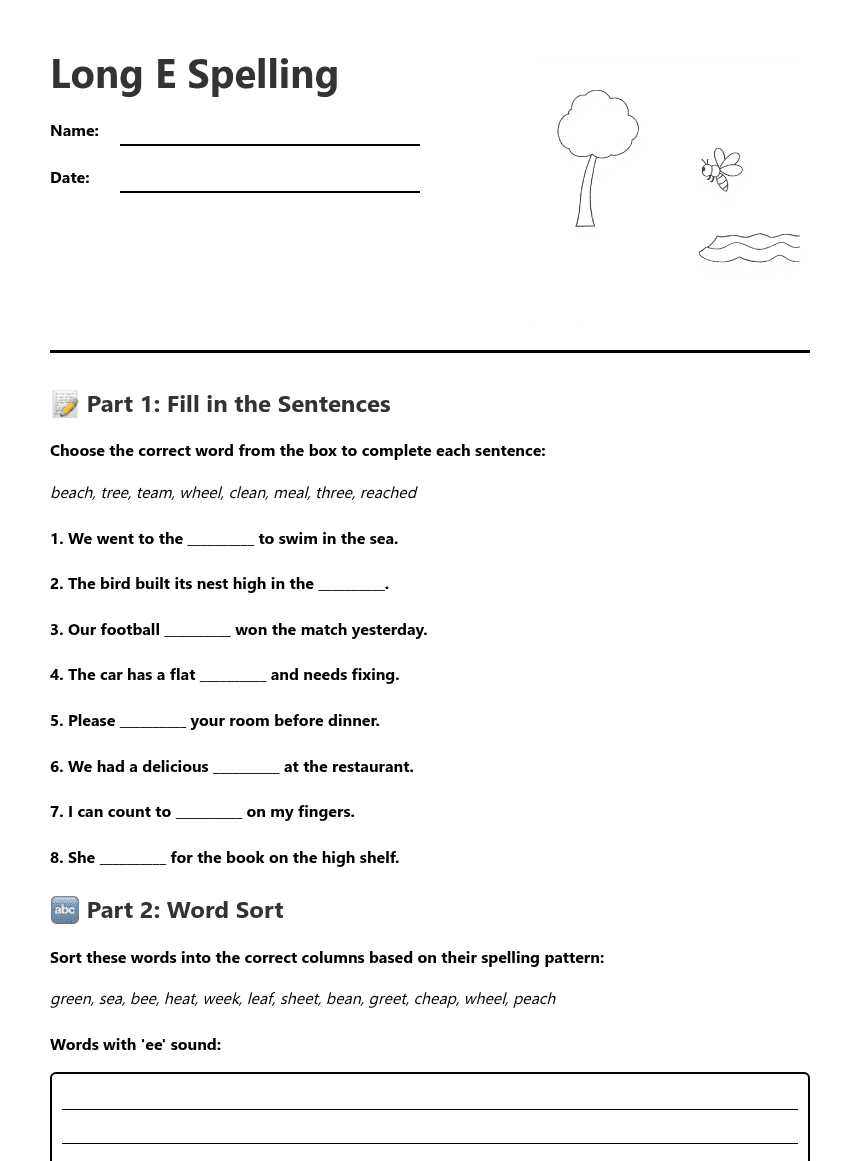 Long E Spelling worksheet preview