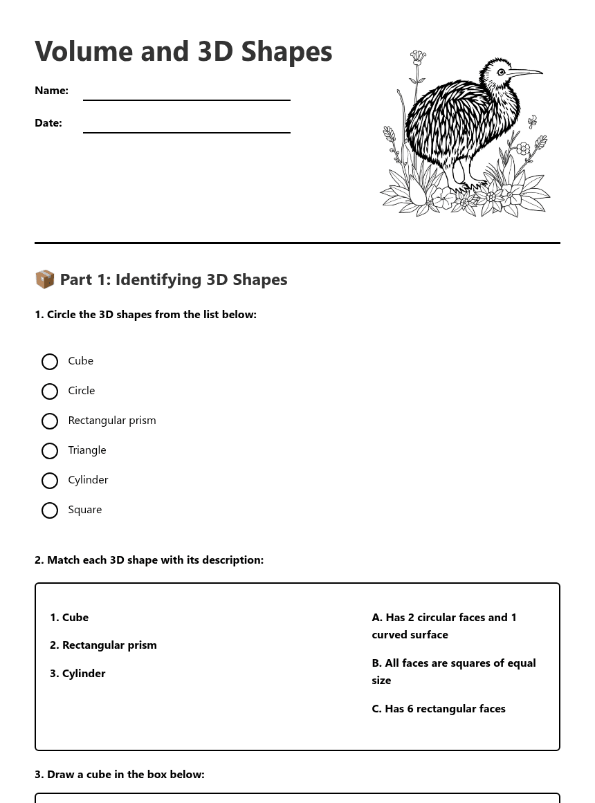 Volume and 3D Shapes worksheet preview