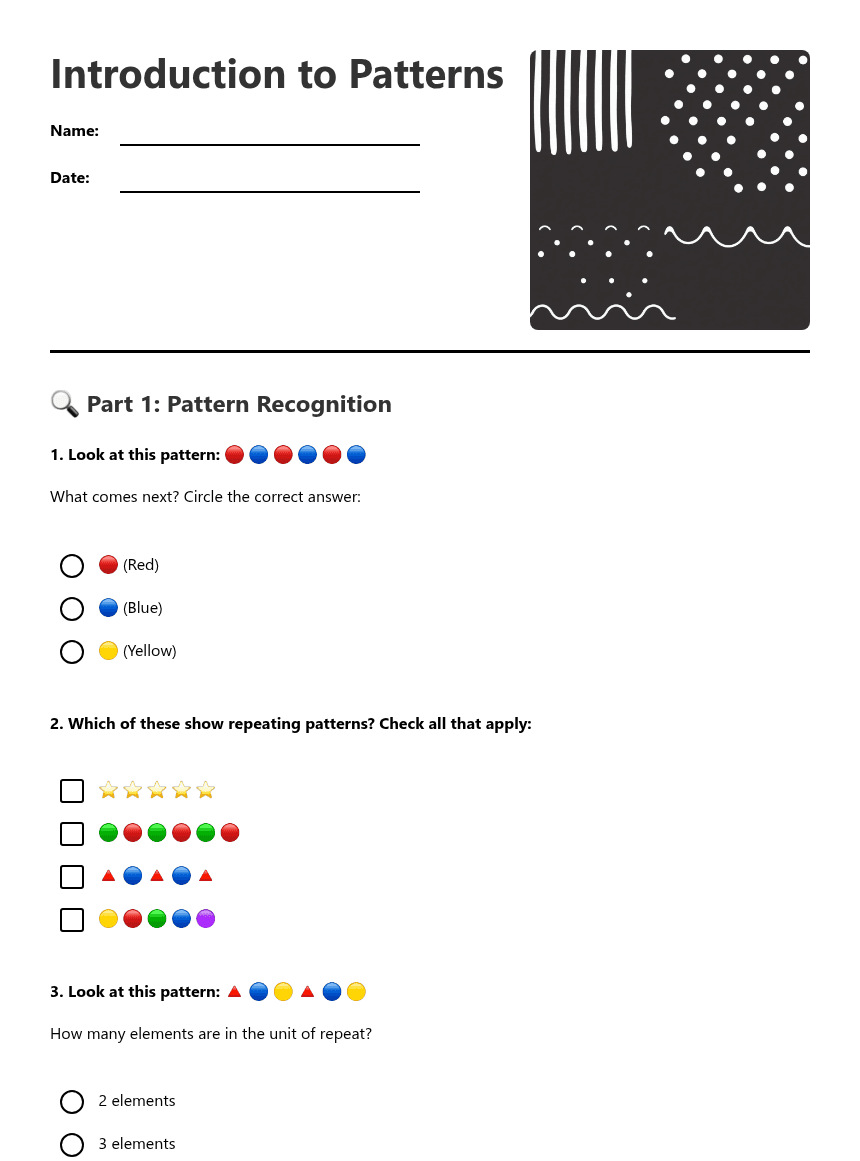 Introduction to Patterns worksheet preview