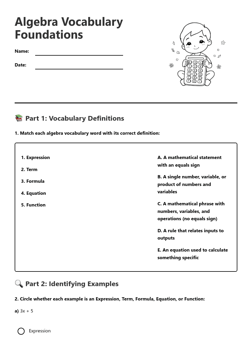 Algebra Vocabulary Foundations worksheet preview