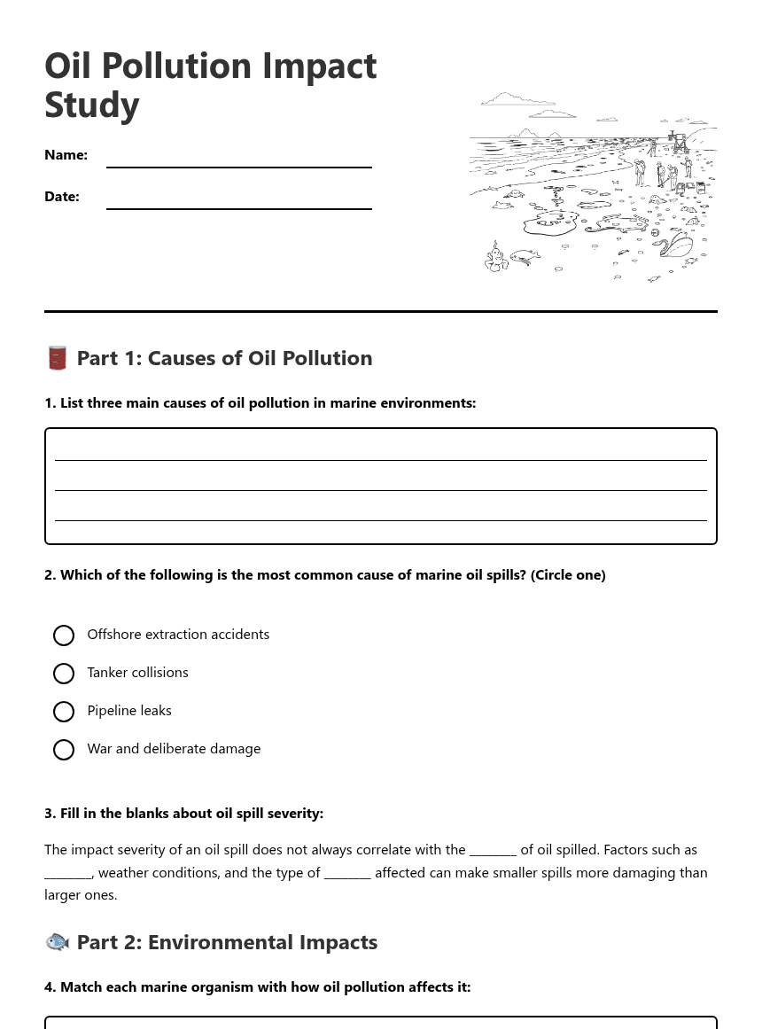 Oil Pollution Impact Study worksheet preview