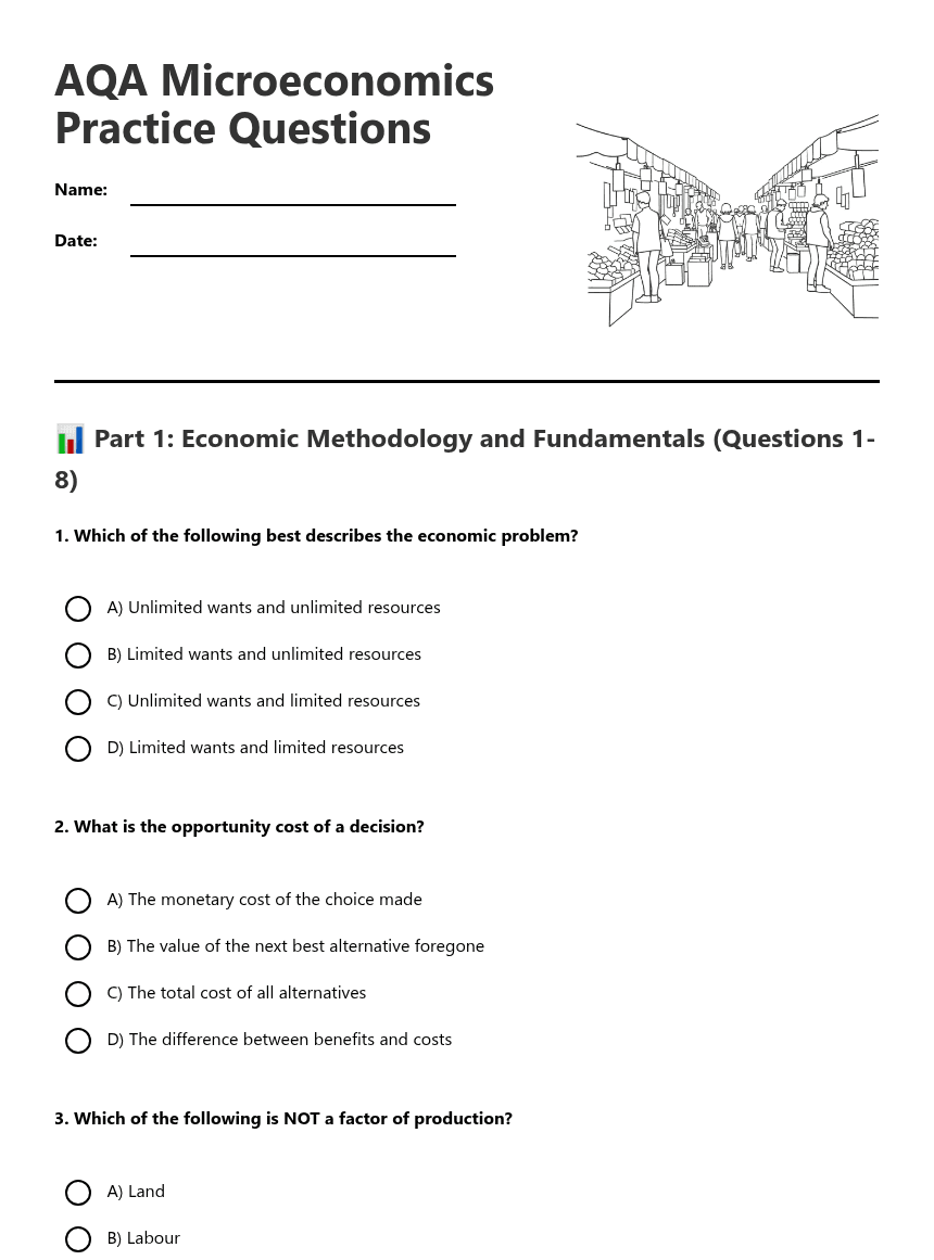 AQA Microeconomics Practice Questions worksheet preview