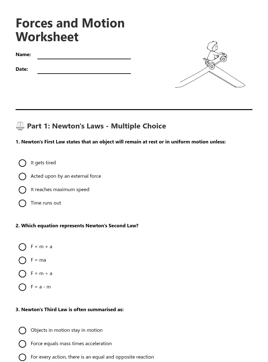 Forces and Motion Worksheet worksheet preview
