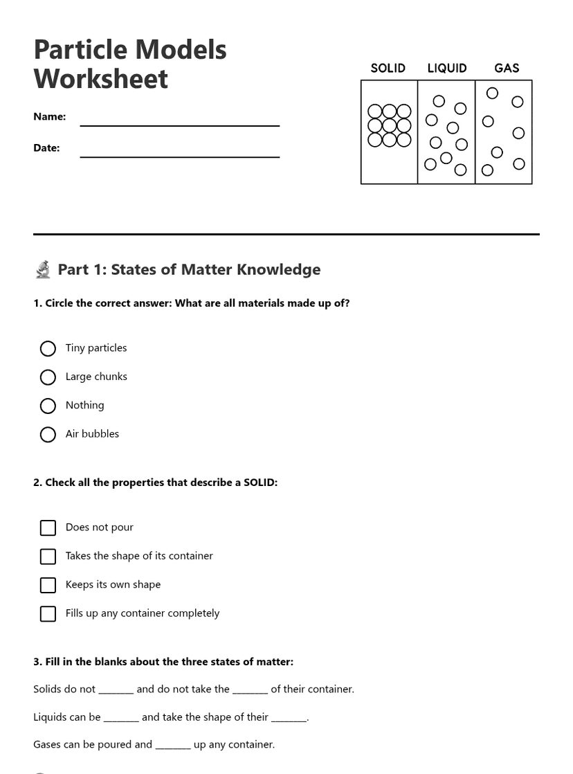 Particle Models Worksheet