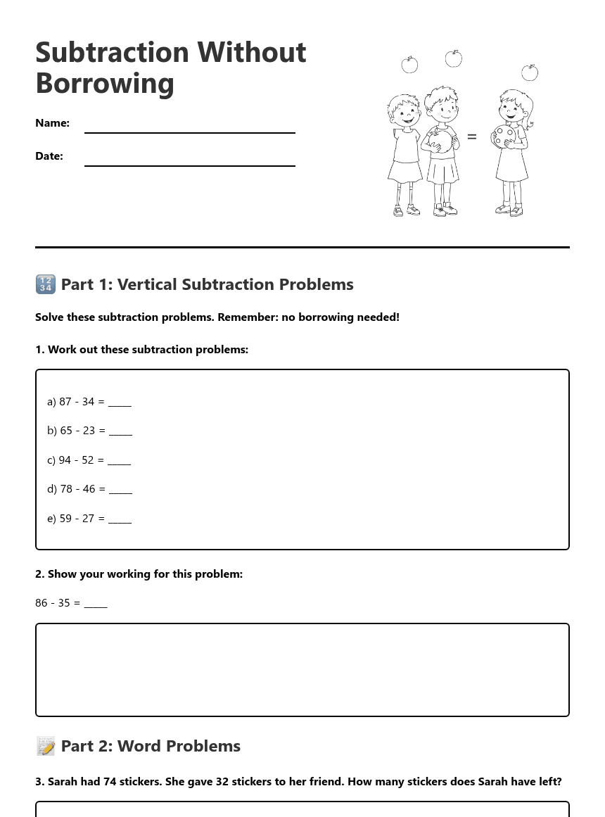 Subtraction Without Borrowing worksheet preview