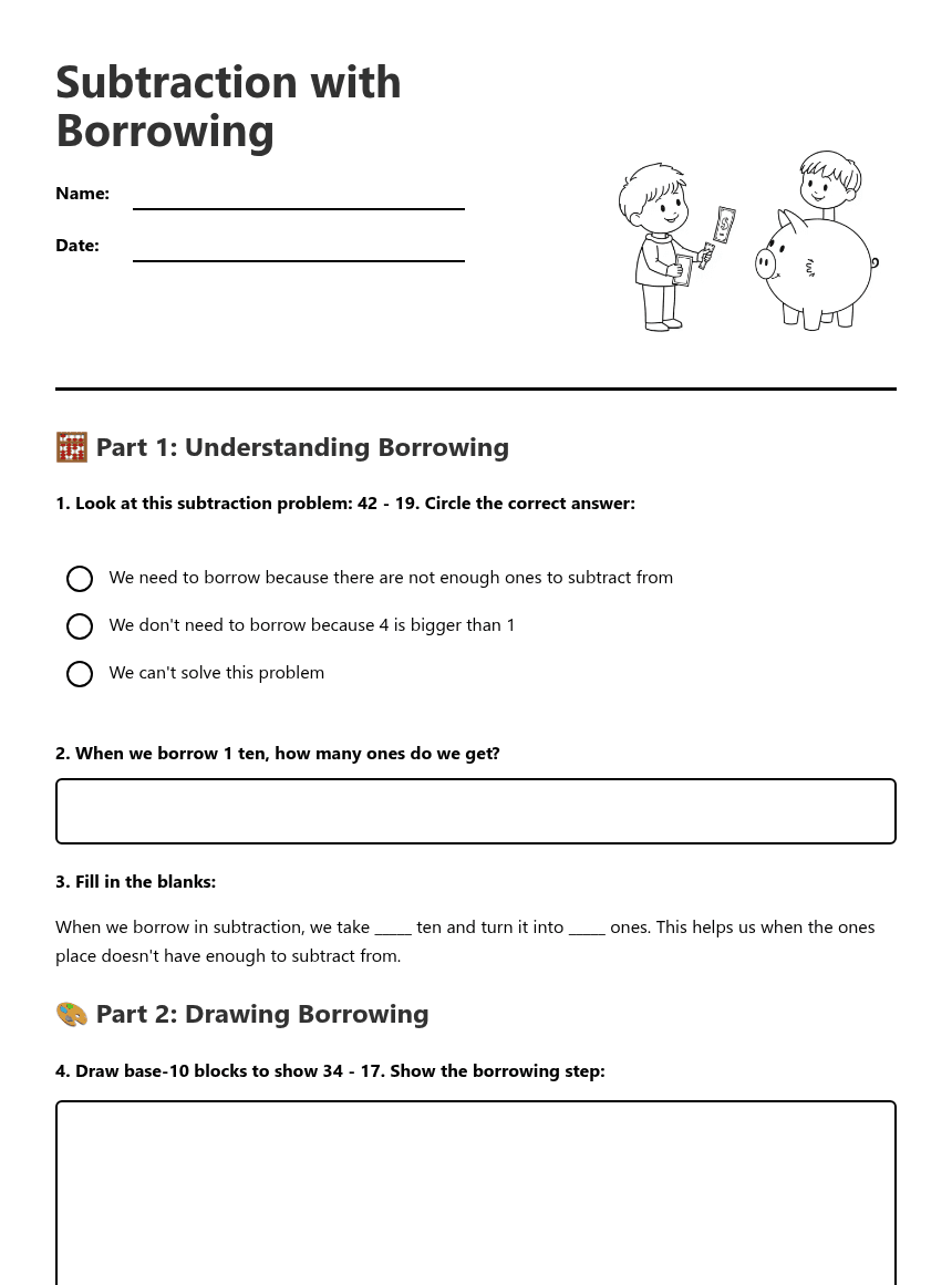 Subtraction with Borrowing worksheet preview