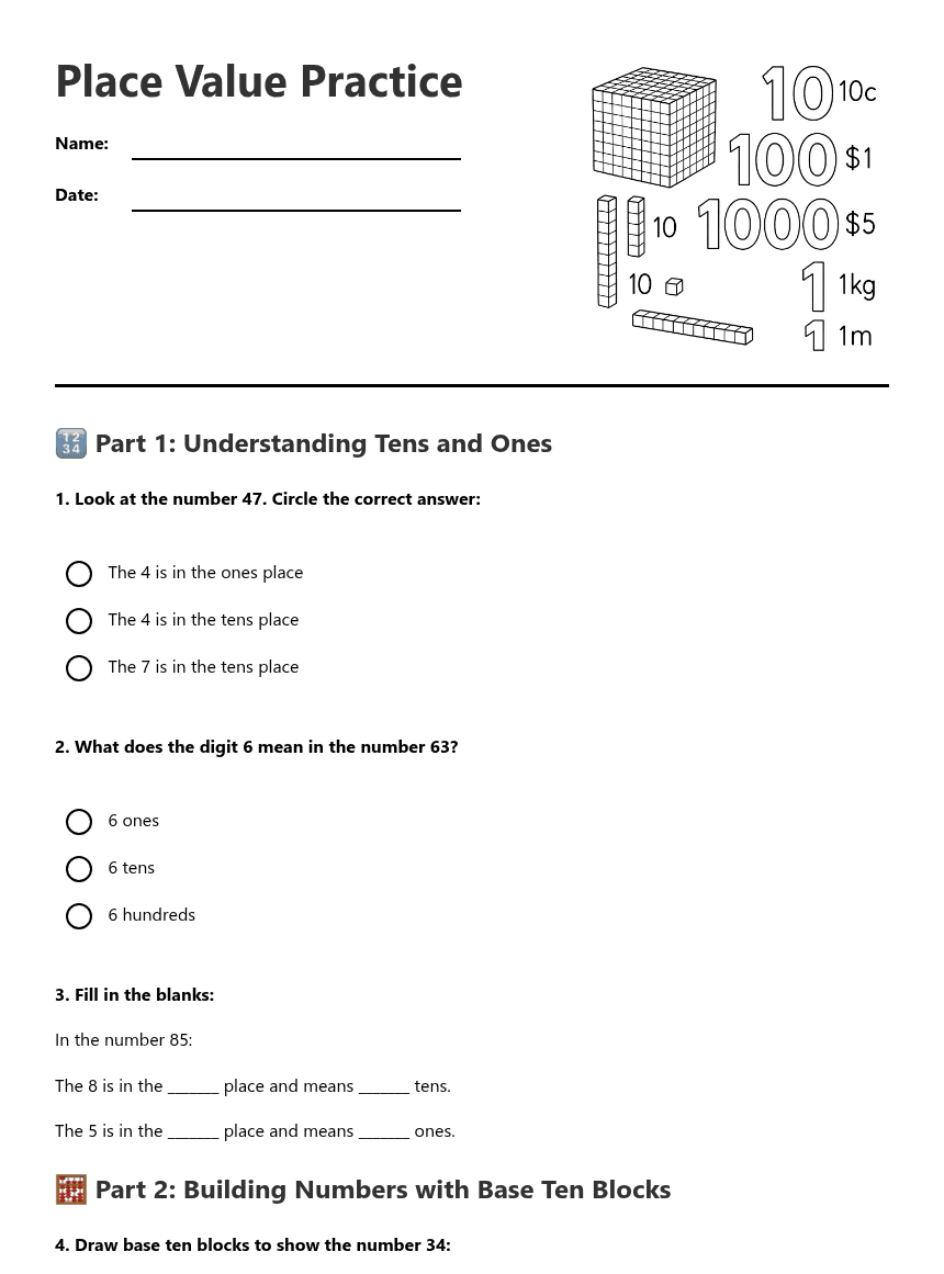 Place Value Practice worksheet preview