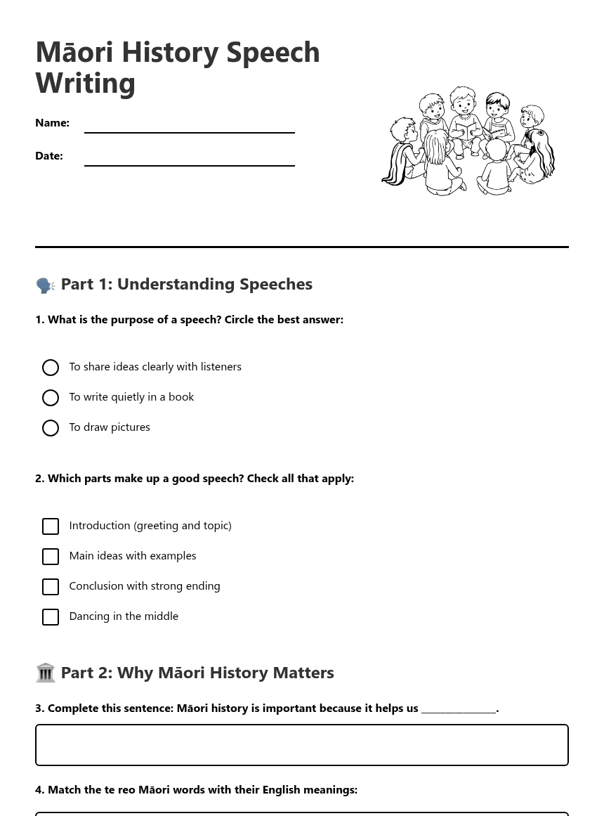 Māori History Speech Writing worksheet preview