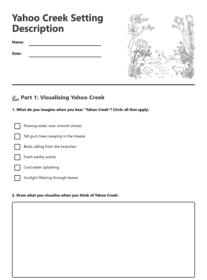 Yahoo Creek Setting Description worksheet preview