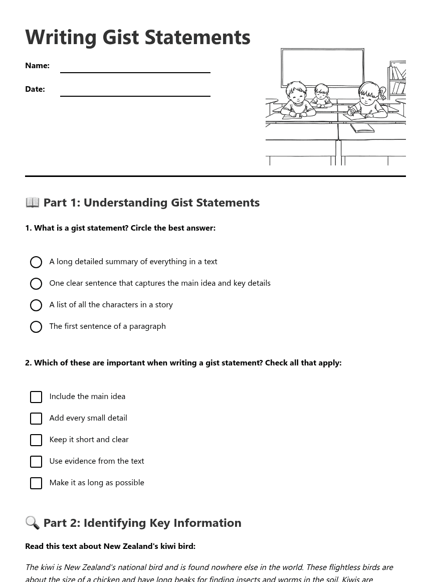 Writing Gist Statements worksheet preview