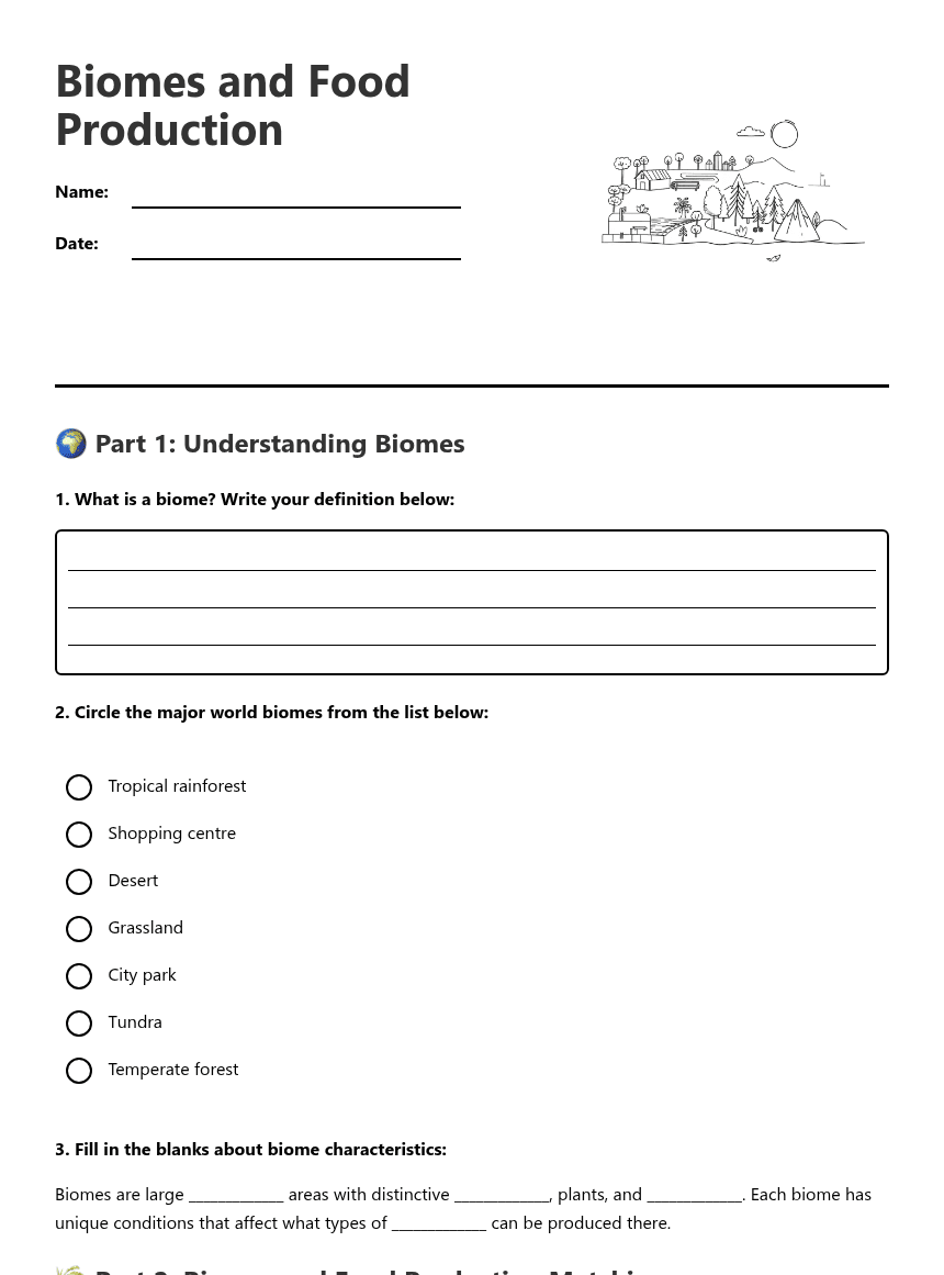 Biomes and Food Production worksheet preview
