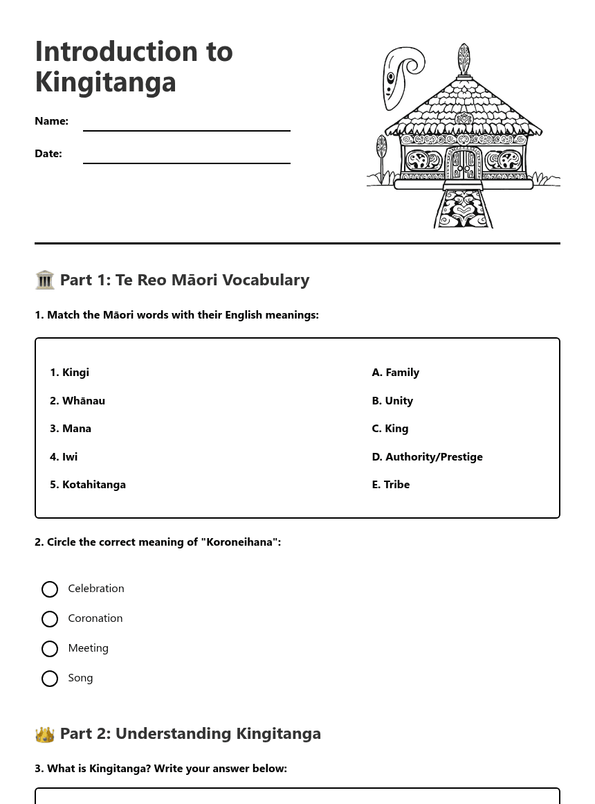 Introduction to Kingitanga worksheet preview