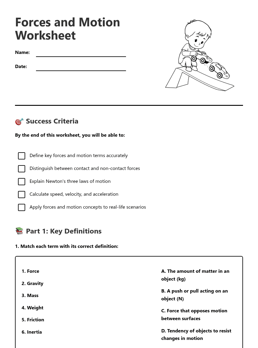 Forces and Motion Worksheet worksheet preview