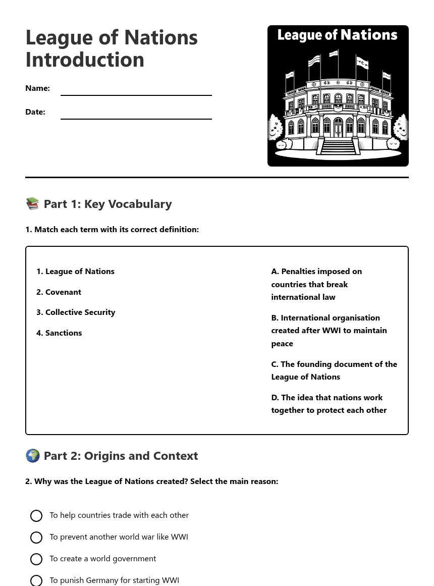 League of Nations Introduction worksheet preview