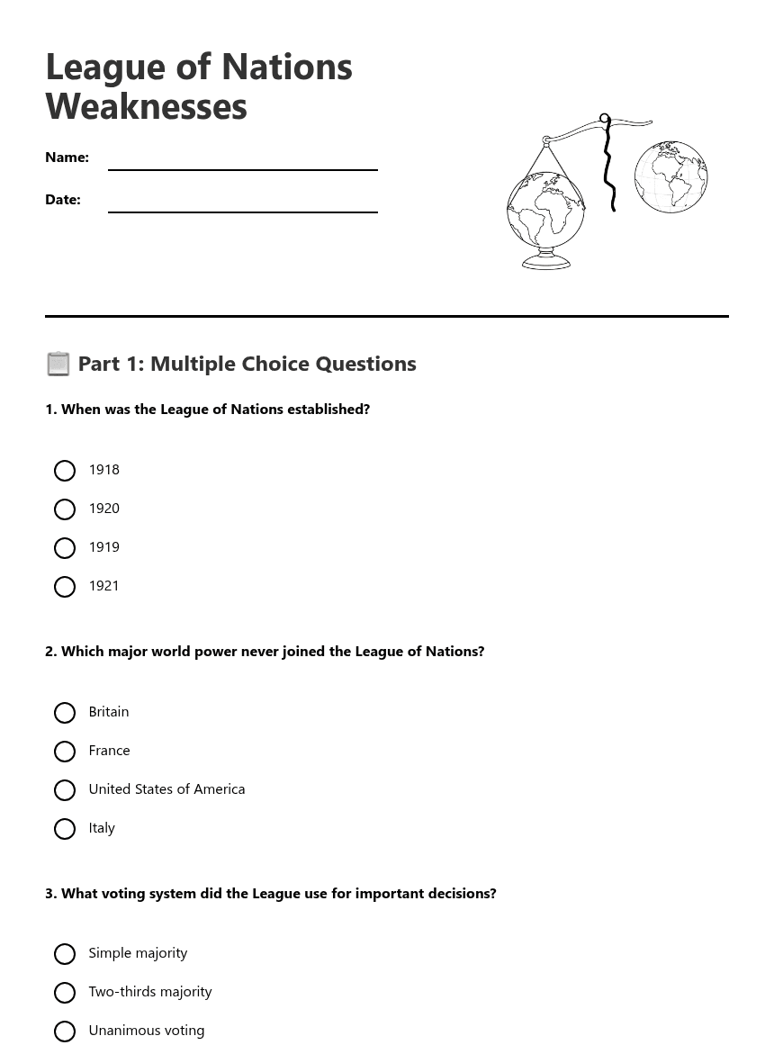 League of Nations Weaknesses worksheet preview