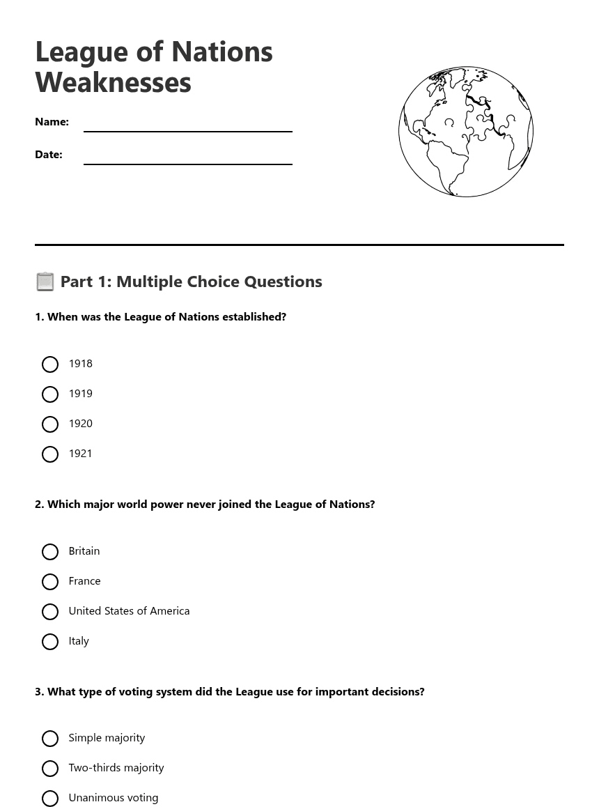 League of Nations Weaknesses worksheet preview