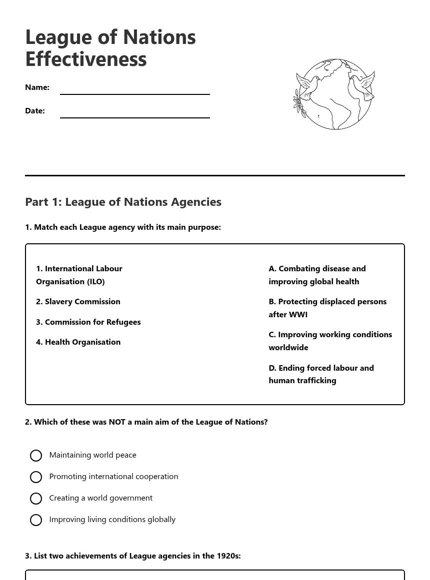 League of Nations Effectiveness worksheet preview
