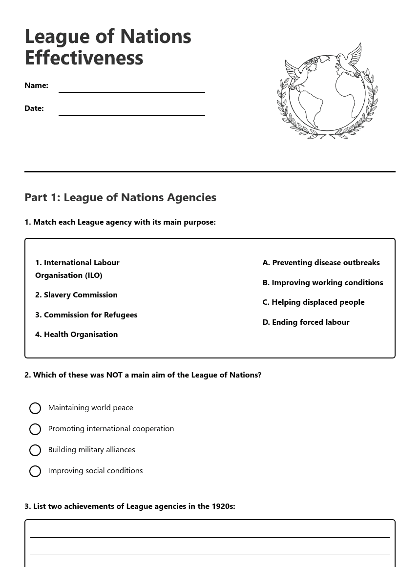 League of Nations Effectiveness worksheet preview