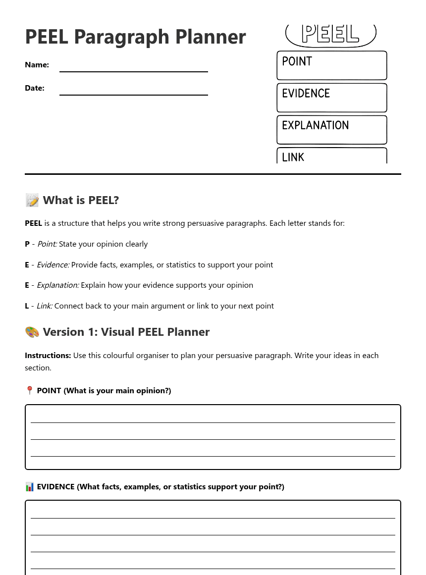 PEEL Paragraph Planner worksheet preview