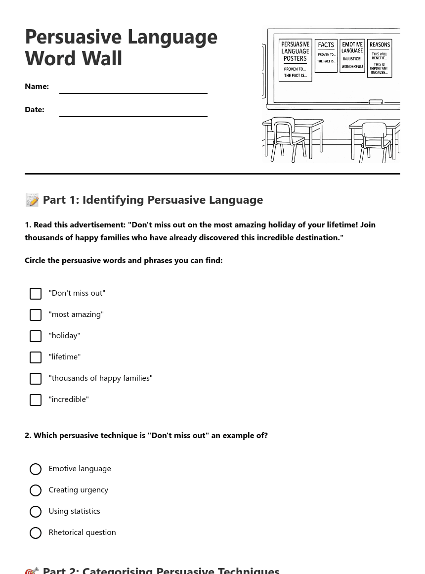 Persuasive Language Word Wall worksheet preview