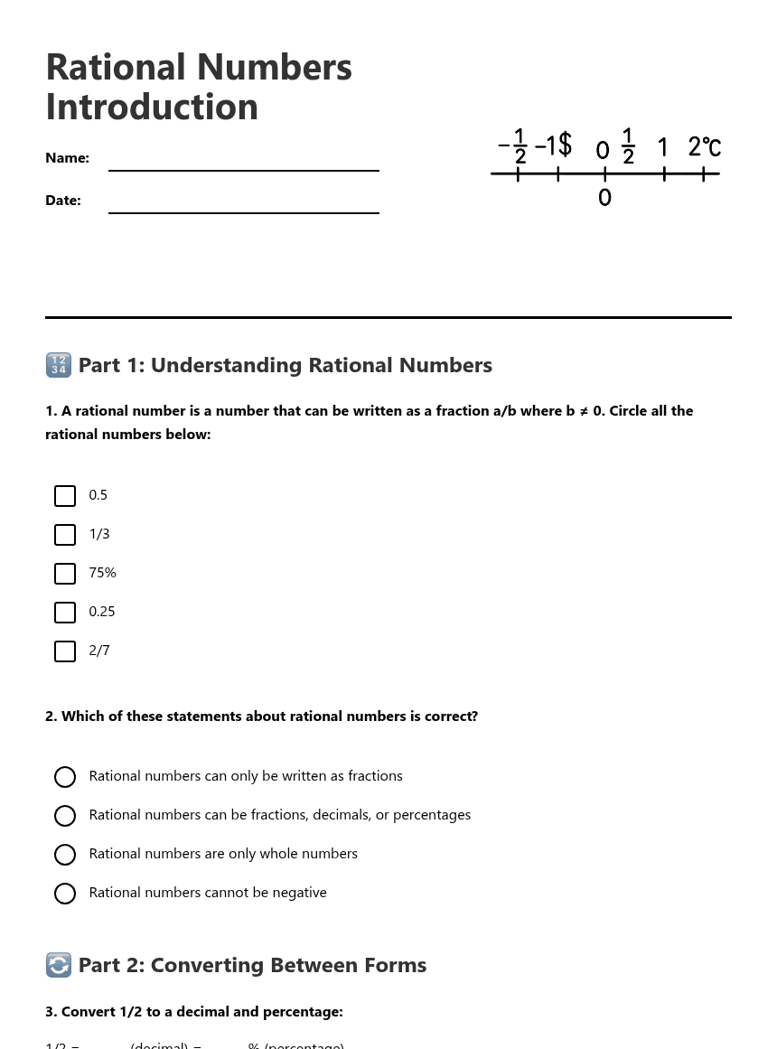 Rational Numbers Introduction worksheet preview