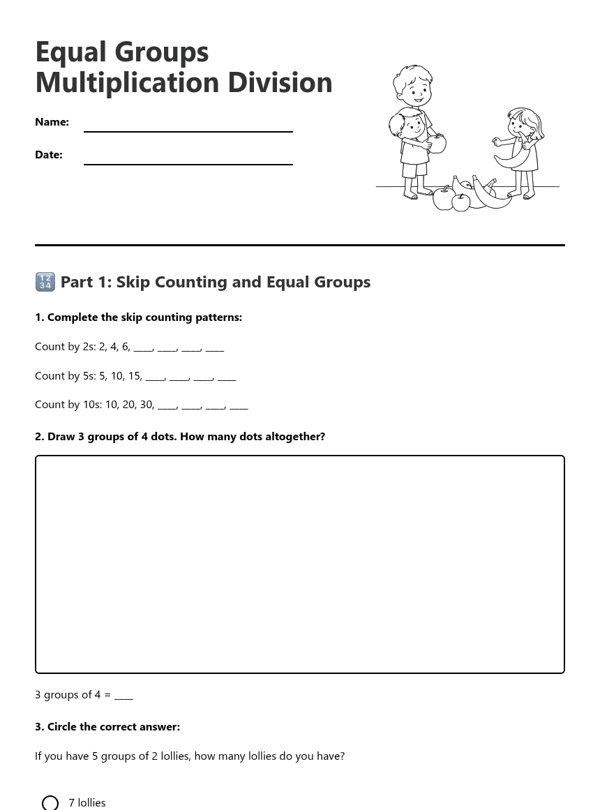 Equal Groups Multiplication Division worksheet preview